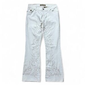 Vintage Y2K Bongo White‎ Flame Flare Low Rise Denim Jeans Grudge Women's 9 S/M
